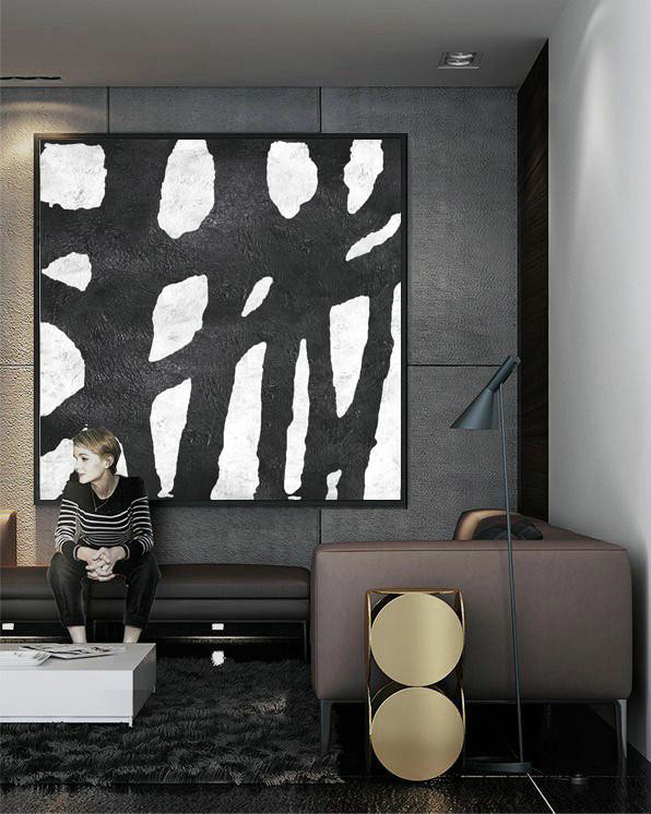 Huge Abstract Painting On Canvas,Oversized Minimal Black And White Painting - Original Art